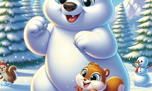 Un gran oso polar llamado Bruno, con un pelaje brillante y suave, está en el centro de la imagen, sonriendo con ojos chispeantes de alegría, mientras rueda una bola de nieve con sus poderosas patas. A su lado, una pequeña ardilla llamada Lila, con pelaje marrón y una cola esponjosa, salta de alegría, con sus ojos brillantes de emoción, sosteniendo una pequeña bola de nieve entre sus patas. En el fondo, se extiende un paisaje invernal encantador: árboles majestuosos cubiertos de nieve brillante, copos de nieve cayendo suavemente del cielo azul claro, y un suelo inmaculado de nieve que refleja la luz del sol. La escena muestra a Bruno y Lila construyendo un gran muñeco de nieve, rodeados de risas y felicidad, capturando el espíritu alegre del invierno.