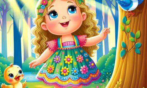 O fetiță de 4 ani, pe nume Lena, stă în vârful unui copac mare, cu părul blond creț și ochii strălucind de curiozitate. Ea poartă o rochie colorată cu modele florale și zâmbește cu uimire, privindu-se în jur. Lângă ea, o pasăre albastră, cu pene strălucitoare, cântă veselă, așezată pe o ramură. Jos, un rațoi cu penaj strălucitor și cioc portocaliu înotă într-un iaz, ridicându-și capul spre Lena cu un aer recunoscător. Locul este o pădure fermecată, unde copacii sunt măreți și razele soarelui filtrează printre frunze, creând umbre dansante pe solul acoperit cu flori multicolore. Situația principală o arată pe Lena, pasărea și rațoiul uniți într-o căutare a unui tezaur ascuns, plini de emoție și magie, în timp ce descoperă cristale strălucitoare într-o peșteră misterioasă.