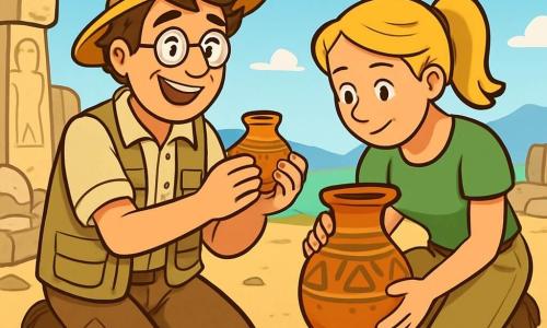 Ein Mann, Dr. Felix Meier, kniet auf dem staubigen Boden einer alten hethitischen Ruine. Er hat unordentliche braune Haare, runde Brillen und ein erstauntes Lächeln im Gesicht, das seine Aufregung zeigt. Er trägt ein beiges Hemd, eine mit Taschen gefüllte Arbeitsweste und einen Strohhut, der ihn vor der Sonne schützt. Neben ihm beugt sich eine junge Frau, Anna, etwa 25 Jahre alt, über ein schönes Keramikscherben, das sie aufmerksam untersucht. Sie hat blonde Haare zu einem Pferdeschwanz gebunden und trägt ein grünes T-Shirt und Cargo-Hosen. Ihr Gesichtsausdruck ist konzentriert und neugierig. Die Umgebung ist eine weite Ebene in Anatolien, mit alten Steinruinen, umgefallenen Säulen und fernen Bergen unter einem strahlend blauen Himmel. Archäologische Werkzeuge wie Pinsel und Schaufeln sind um sie herum verstreut. Die Hauptsituation zeigt Dr. Felix, der eine kleine Terrakottakapsel entdeckt, sein Gesicht von Überraschung und Aufregung erleuchtet, während Anna ihn bewundernd beobachtet, beide vertieft in das Abenteuer der archäologischen Entdeckung.