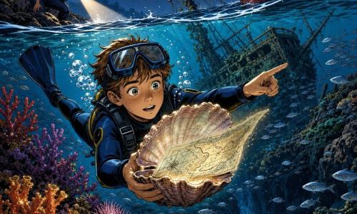 Een 12‑jarige jongen met rond gezicht en sproeten, grote verwonderde ogen en nieuwsgierige, vastberaden uitdrukking zwemt in een marineblauwe duikpak met masker op het voorhoofd en vinnen, houdt een lichtgevende schelp vast die een parelachtige kaart uitrolt, zijn kastanjebruine haar plakt door het water; tante Linde (ongeveer 35), licht huid en blond haar in een knot, kijkt vanaf de oever met een zaklamp, bezorgd maar zelfverzekerd; hij zwemt boven een kleurrijke koraaltuin met oranje en paarse koraaltakken, roze anemonen en scholen zilveren visjes, op de achtergrond een met groene algen bedekt scheepswrak en een rode boei bij een donkere kloof; maanblauw licht en lichtstralen door het water, opgaande lichtgevende bellen; de jongen wijst met de schelpkaart een richting aan — onderwater avontuursfeer met gedetailleerde texturen en verzadigde kleuren.