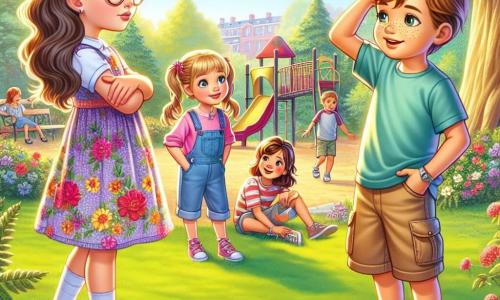 In einem sonnigen Park versammeln sich drei Kinder auf einer großen grünen Wiese. Sophie, ein 8-jähriges Mädchen mit langen braunen Haaren und runden Brillen, trägt ein buntes Blumenkleid und diskutiert ernsthaft mit ihren Freunden. Emma, ebenfalls 8 Jahre alt, hat blonde Zöpfe und ein strahlendes Lächeln. Sie trägt ein pinkes T-Shirt und eine Jeansshorts und gestikuliert fröhlich über ihr nächstes Abenteuer. Max, ein 9-jähriger Junge mit braunen Haaren und Sommersprossen, sitzt auf dem Gras in einem blauen T-Shirt und Cargo-Hosen und wirkt etwas verlegen, während er sich am Kopf kratzt. Im Hintergrund sind bunte Blumen und majestätische Bäume zu sehen, sowie ein Rutschen und Schaukeln, wo andere Kinder spielen. Sophie fragt Max ernsthaft, ob er wirklich einen Hund hat, der Skateboard fahren kann, während Emma ihn ermutigt, ehrlich zu sein. Die Ausdrücke der Kinder zeigen die Spannung zwischen Wahrheit und Lüge und fangen einen Moment des Lernens und der Kameradschaft ein.
