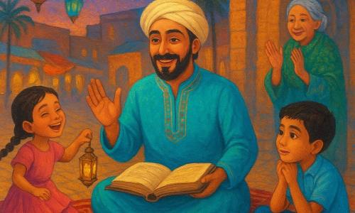 Hombre de mediana edad, cabello negro rizado y barba cuidada, rostro sonriente, viste túnica turquesa bordada y turbante crema; sentado sobre una gran alfombra persa roja y dorada, sostiene un libro antiguo abierto y llama a los vecinos con un gesto cordial. Niña de 7 años, pelo trenzado y vestido rosa con volantes, ríe y baila a la izquierda agitando una pequeña linterna metálica dorada junto al borde de la alfombra. Niño de 10 años, pelo corto y camisa azul clara, escucha atento sentado en un cojín a la derecha del hombre. Anciana de 70 años, cabello gris en moño y chal verde bordado, está de pie aplaudiendo suavemente junto a una fuente de mosaico. Escena en una plaza vecinal al crepúsculo con adoquines ocres, arcadas de piedra, guirnaldas de faroles coloridos y telas flotando, palmeras y tiendas al fondo. Situación principal: velada comunitaria alegre inspirada en Las mil y una noches, luces cálidas, colores ricos (turquesa, púrpura, dorado), texturas visibles y ambiente mágico y acogedor, composición centrada en el cuentacuentos rodeado de niños y vecinos.