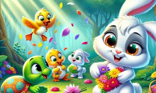 Um pequeno travesso chamado Valentim, um adorável coelho de pelos brancos e sedosos, com grandes olhos brilhantes de curiosidade, está reunindo pétalas de flores coloridas para criar um grande coração. Ele exibe um sorriso alegre e determinado, enquanto suas pequenas patas ágeis trabalham ao seu redor. Ao lado dele, Pingo, um pato amarelo vivo com um bico laranja e penas brilhantes, está colhendo lírios amarelos, rindo da situação. Mais adiante, Teca, uma tartaruga verde com uma carapaça decorada com padrões coloridos, observa com um sorriso gentil, segurando uma margarida em suas patas, pronta para ajudar. A cena acontece em uma clareira encantada, cercada por árvores majestosas com folhas vibrantes, onde o sol filtra através dos galhos, criando jogos de luz no chão coberto de flores. A situação principal mostra Valentim e seus amigos em ação, tentando reunir as pétalas espalhadas por um vento travesso, enquanto um redemoinho de cores dança ao seu redor, ilustrando a magia e a alegria do Dia dos Namorados.