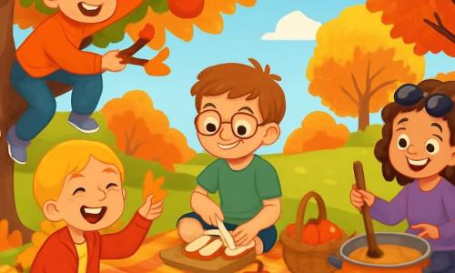 Er zijn 4 kinderen: Sam: een 9-jarig jongetje met rommelig bruin haar en sprankelende ogen. Hij draagt een oranje trui en een blauwe spijkerbroek. Hij klimt op een tak van een boom om de appels te bereiken. Lotte: een 8-jarig meisje met lange gevlochten blonde haren en een stralende glimlach. Ze draagt een rode jas en een beige broek. Ze zit op de grond, lacht en verzamelt kleurrijke bladeren. Max: een 9-jarig jongetje met kastanjebruin haar en ronde bril. Hij draagt een groene t-shirt en shorts. Hij zit op een deken en snijdt appels met een plastic mes. Emma: een 8-jarig meisje met gekruld haar en een zonnebril op haar hoofd. Ze draagt een paarse trui en een met patronen versierde rok. Ze staat bij een grote pan soep en roert met een houten lepel. De scène speelt zich af in een levendig herfstpark met majestueuze bomen met gouden en rode bladeren, stapels knisperende bladeren op de grond, en een heldere blauwe lucht met donzige witte wolken. Een grote geruite deken ligt op het gras, omringd door glanzende appels en kleine pompoenen. De kinderen zijn druk bezig met het maken van een heerlijke pompoensoep en appelmoes, lachend en spelend terwijl ze genieten van de schoonheid van de herfst om hen heen.