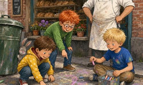Vijf personages: Sam, jongen 8, kort bruin haar, geel gestippeld jasje, gehurkt links met hand naar gebroken krijtjes; Tim, jongen 7, rood haar, ronde bril, groen trui, staat in het midden wijzend naar krijtspoor; Joep, jongen 9, blond, blauw T-shirt met verfvlek, zit rechts en pakt een roze krijtje uit een doos; Meneer Kees, bakker 45, snor, stoffig wit schort, staat beschermend bij het etalageraam; klein grijs konijn met krijtpoeder op de snuit, half verstopt achter een deukende groene prullenbak links. Plaats: kleurrijk trottoir voor een kleine bakkerij met grote ruiten en houten bord “Bakkerij”, gebarsten beton bedekt met meerkleurige krijtsporen en bloempotten op de vensterbank. Situatie: de drie kinderen ontdekken het schuldige konijn bij de prullenbak — gebroken krijtjes, pootafdrukken en krijtstof op de stoep; vrolijke, nieuwsgierige gezichten, duidelijke gebaren; stijl: gekleurde inkt, strakke lijnen, felle kleuren en zichtbare krijttextuur.