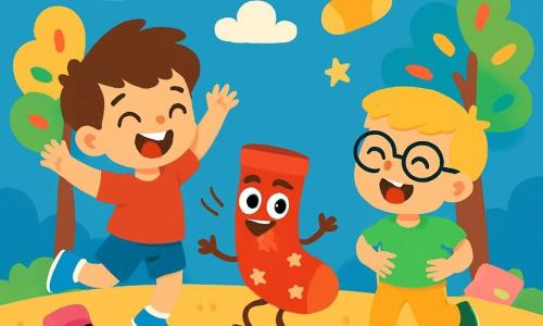 Hay 4 personajes: - Lucas: un niño de 3 años con cabello castaño desordenado, lleva una camiseta roja y un pantalón corto azul. Está saltando de alegría, con los brazos levantados y una gran sonrisa en el rostro. - Tomás: un niño de 3 años con cabello rubio y gafas redondas, vestido con una camiseta verde y un pantalón amarillo. Se ríe, con las manos en las caderas, mirando a Lucas con entusiasmo. - Pepe: un calcetín animado, de color rojo con estrellas blancas, que baila en un pequeño escenario de madera. Tiene ojos brillantes y una gran sonrisa, haciendo movimientos de baile alegres. - Pepa: un calcetín animado, de color rosa con lunares amarillos, que gira alrededor de Pepe, con los brazos en movimiento y una cara sonriente, llena de energía. La situación principal se desarrolla en un mundo fantástico lleno de calcetines coloridos que bailan. El suelo está cubierto de una suave alfombra de peluche, y árboles en forma de calcetines gigantes se elevan a su alrededor, con hojas multicolores. Nubes en forma de calcetines flotan en un cielo azul brillante, y estrellas centelleantes iluminan el lugar. La escena principal muestra a Lucas y Tomás, maravillados, bailando con Pepe y Pepa, todos juntos en un ambiente festivo alegre. Los niños saltan y ríen, mientras las calcetines bailan a su alrededor, creando una escena llena de colores brillantes y felicidad.