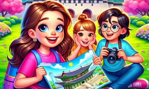 Una ragazza di 8 anni, Sara, con lunghi capelli castani e occhi scintillanti di curiosità, sorride entusiasta mentre tiene una grande mappa colorata di Seoul. Indossa una maglietta rosa acceso e un pantaloncino di jeans, seduta sull'erba verde, circondata dai suoi amici. Accanto a lei, Luca, un ragazzo di 8 anni con occhiali rotondi e capelli castani disordinati, ride mentre tiene una macchina fotografica, pronto a catturare il momento. Martina, una ragazza di 8 anni con trecce bionde e un bel sorriso, indica un magnifico palazzo sullo sfondo, mentre Hana, una ragazza di 8 anni con capelli neri lisci e un bel disegno di drago in mano, guarda con meraviglia. Il luogo è un parco vibrante di colori, con ciliegi in fiore dai petali rosa, un grande palazzo tradizionale coreano con tetti a pagoda e un cielo blu splendente. La scena principale mostra i bambini in piena esplorazione, ridendo e condividendo la loro gioia, pronti a scoprire le meraviglie della città insieme.