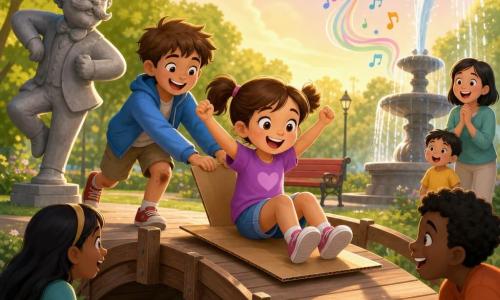 Bambina di 6 anni con due codini castani, viso rotondo, guance rosate e sorriso deciso seduta su un grande cartone su un piccolo ponte di legno, braccia alzate in segno di vittoria, espressione gioiosa e orgogliosa; un ragazzino di circa 8 anni, capelli corti castano, ginocchia sbucciate, giacca blu la spinge dolcemente da dietro ridendo; a sinistra una statua di pietra di un uomo con i baffi con un piccione grigio sulla testa che inclina il capo come se ballasse; a destra una fontanella argentata proietta un arco d'acqua con gocce scintillanti e onde sonore disegnate; il parco è verde con una panchina rossa, un sentiero ghiaioso e alberi dalle foglie verde chiaro sotto un cielo pastello; luce calda serale e ombre lunghe; scena principale: sfida gioiosa — la bambina attraversa il ponte scivolando sul cartone senza usare i piedi, circondata da curiosi, composizione dinamica, colori vividi e texture di cartone, legno e metallo ben visibili.