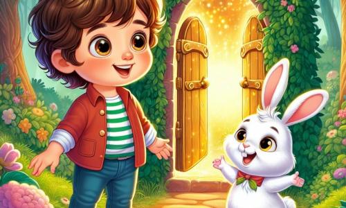 Un niño pequeño de 2 años, llamado Leo, con grandes ojos curiosos y cabello rizado, está frente a una puerta mágica que brilla con una luz dorada. Sonríe maravillado, con los brazos ligeramente abiertos, como si estuviera listo para explorar un nuevo mundo. A su lado, un adorable conejito llamado Bop, con pelaje blanco y orejas grandes, salta alegremente. Bop tiene una mirada traviesa y parece animar a Leo a entrar en la puerta mágica, adelantándose un poco. El lugar es un jardín exuberante, lleno de flores coloridas y árboles verdes. La puerta mágica está rodeada de enredaderas florecidas, y detrás se ve un bosque misterioso con árboles de troncos gruesos y hojas que parecen susurrar al viento. La escena principal muestra a Leo, con los ojos brillantes de emoción, listo para cruzar la puerta mágica, mientras Bop lo anima con un salto alegre. Juntos, están a punto de descubrir un mundo lleno de sabiduría y aventuras.