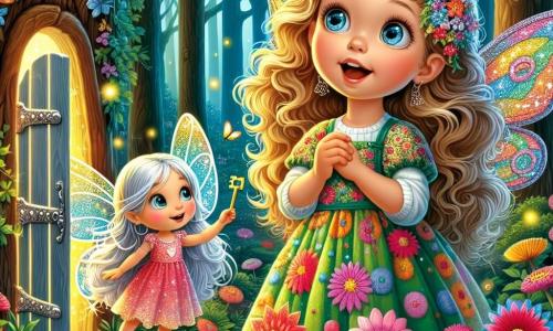 A 6-year-old girl with beautiful golden curls and sparkling curious eyes stands in front of a shimmering miniature door, her face glowing with excitement and wonder. She wears a colorful floral dress that dances around her. Next to her, a small fairy with iridescent wings, silver hair, and a gentle smile offers her a shining key, floating lightly in the air. The setting is an enchanted forest, where tall, gnarled trees rise majestically, their green leaves forming a canopy of soft light. Multicolored flowers line the path, and fireflies illuminate the atmosphere with a magical glow. The main scene shows Lily, amazed, in front of the magical door, ready to open it and discover the wonders that await her.