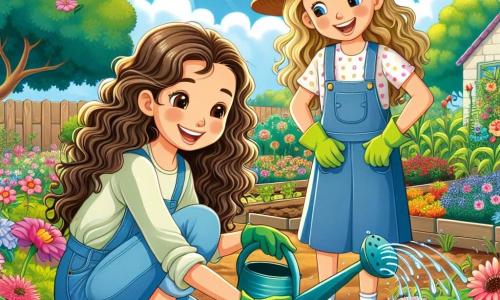 Ein 12-jähriges Mädchen, Mia, mit langen, lockigen braunen Haaren, lächelt fröhlich, während sie bunte Blumen in einem sonnigen Garten pflanzt. Sie trägt eine leichte Bluse und Jeans, mit grünen Gartenhandschuhen. Neben ihr ermutigt ihre beste Freundin Lena, ebenfalls 12 Jahre alt, mit blonden Haaren und einer bunten Kappe, sie, während sie eine Gießkanne mit Wasser hält. Der Garten ist voller leuchtender Blumen in allen Farben, Schmetterlinge fliegen um sie herum, und im Hintergrund ist ein kleiner Gemüsegarten mit wachsenden Gemüse zu sehen. Der Himmel ist blau und sonnig, und Vögel singen in den benachbarten Bäumen. Die Hauptsituation zeigt Mia und Lena, die zusammen arbeiten, um Samen zu pflanzen, lachen und Geschichten teilen, während sie die Schönheit des Frühlings und die Bedeutung der Natur entdecken.