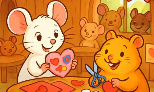 Mimi, eine kleine weiße Maus mit einem sanften, seidigen Fell und einer adorablen rosa Nase, sitzt an einem Tisch aus Baumrinde, ihre Augen funkeln vor Freude. Sie hält eine herzförmige Karte, dekoriert mit bunten Zeichnungen, und lächelt begeistert. Neben ihr zeigt Herrmann, ein runder, goldener Hamster, ein breites Lächeln, während er mit seinen kleinen Pfoten eine Schere hält. Er schneidet Papierherzen aus, während um ihn herum Papierstücke verstreut liegen. Die Szenerie ist ein Klassenraum der Mäuseschule, mit Wänden aus Rinde, Tischen aus Nüssen und Fenstern aus durchsichtigen Blättern, durch die das sanfte Licht eines sonnigen Nachmittags strömt. Papierherzgirlanden schmücken den Raum und schaffen eine festliche, warme Atmosphäre. Die Hauptsituation zeigt Mimi und Herrmann, die zusammen Valentinskarten basteln, umgeben von neugierigen Mitschülern, die sie bewundernd beobachten, alle in der Aufregung des Festes vertieft.