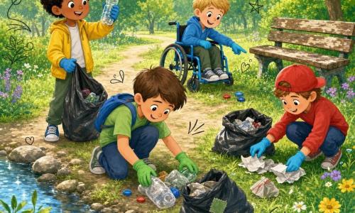 Quatro meninos de cerca de 9 anos limpam a margem de um pequeno rio num parque: Tomás, cabelos castanhos curtos, camiseta verde clara e mochila azul, agachado recolhendo um monte de plástico; Davi, cabelos negros cacheados, jaqueta amarela, em pé com uma garrafa plástica; Rui, cabelos castanhos, boné vermelho, recolhendo papéis na relva; Ivo, cabelos loiros, em cadeira de rodas azul‑clara, apontando para tampas perto de um banco de madeira gasto. Gramado verde, trilha de terra, árvores e flores silvestres, sacos de lixo abertos e luvas coloridas, manhã luminosa com cores saturadas e pequenos doodles indicando trabalho em equipa e ecologia.