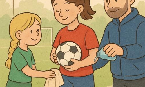 Uma jovem futebolista sorridente e serena, cabelo castanho em rabo de cavalo, com camisola vermelha, calções azuis e chuteiras amarelas, segura uma pequena bola de futebol ligeiramente brilhante com ternura; à esquerda, Lia, amiga de 9 anos, cabelo loiro em trança e saia desportiva verde, estende um pequeno pano macio para a bola; atrás à direita, o treinador João, cerca de 40 anos, barba curta e casaco impermeável azul, verte água de uma pequena garrafa sobre o pano; campo pequeno de relva ligeiramente molhada com uma poça brilhante, linhas brancas, postes e candeeiros a emitir luz morna; cena calma de limpeza da bola antes de voltar a jogar, gestos lentos, rostos sorridentes, atmosfera cooperativa e afetuosa, cores pastel e contornos suaves, texturas simples para crianças pequenas.
