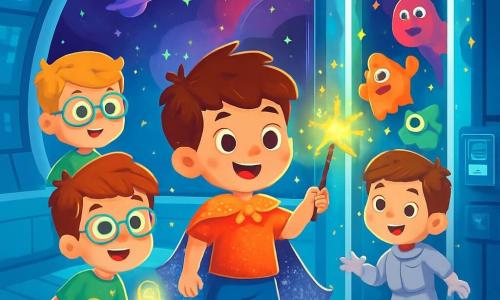 Há 4 crianças: - Leo: um garoto de 5 anos, com cabelos castanhos bagunçados e olhos curiosos. Ele usa uma capa brilhante feita de poeira de estrelas e segura uma varinha luminosa, posicionado ao centro, pronto para liderar a equipe. - Rafa: um garoto de 5 anos, com cabelos loiros e óculos redondos que escorregam pelo nariz. Ele veste uma camiseta verde com estampas de planetas e observa ao redor com um sorriso travesso, ligeiramente afastado, observando as criaturas que aparecem. - Davi: um garoto de 5 anos, com cabelos pretos e uma grande imaginação visível em seus olhos brilhantes. Ele veste uma calça azul e uma camisa vermelha, segurando uma pequena esfera luminosa que brilha em sua mão, à esquerda, pronto para lançar seu poder mágico. - Gui: um garoto de 5 anos, com cabelos castanhos e um rosto sorridente. Ele usa um traje espacial prateado e flutua levemente, como se estivesse em gravidade zero. À direita, observa as portas que se abrem com palavras mágicas. O cenário é uma estação espacial futurista flutuando no espaço, cercada por estrelas brilhantes e nebulosas coloridas. As paredes da estação são de vidro transparente, oferecendo uma vista deslumbrante do universo. Luzes brilhantes e telas holográficas iluminam a sala, enquanto robôs voadores passam ao fundo. A cena principal mostra os quatro amigos diante de um portal misterioso que se abre, liberando criaturas estranhas e coloridas. As crianças estão prontas para agir, com rostos iluminados pela excitação e curiosidade, enquanto faíscas de luz e magia dançam ao seu redor.