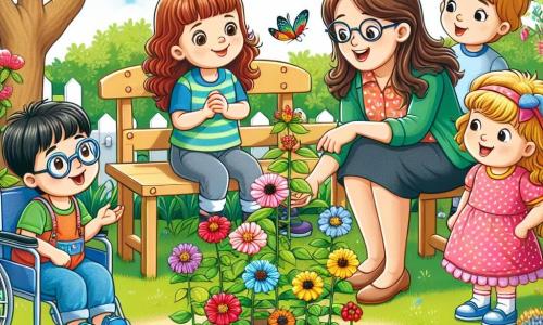En un jardín en plena floración, cinco niños están reunidos alrededor de un pequeño banco de madera. Pablo, un niño de 8 años con grandes ojos marrones y cabello castaño, está agachado sosteniendo una pequeña flor amarilla que admira con asombro. Sara, una niña de 7 años con cabello largo y rubio, sonríe mientras observa a los pájaros que cantan en los árboles, vestida con un vestido rosa con lunares blancos. Martín, un niño de 9 años en silla de ruedas, observa atentamente las mariposas coloridas que vuelan alrededor de las flores, llevando una camiseta azul y un pantalón corto verde. Ana, la maestra, es una mujer de unos treinta años con cabello castaño recogido en un moño, lleva una blusa colorida y sonríe mientras explica la belleza de la naturaleza. Léa, una niña de 8 años con gafas y cabello rizado, está de pie sosteniendo una pequeña regadera, lista para regar las semillas que acaban de plantar. El jardín está lleno de flores brillantes de todos los colores, con árboles verdes y un cielo azul claro salpicado de nubes blancas. La escena muestra a los niños maravillados por la belleza de la primavera, aprendiendo juntos a plantar semillas y descubriendo la magia de la naturaleza que los rodea.