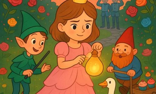 A determined but tender young princess stands center, slight frown and shy smile, wearing a dusty pink ruffled dress and a small golden crown, gently adjusting a pear-shaped lantern to lower its warm golden light at sunset. To her left a small, thin traveling fairy named Spriggle—young adult, pointy hat, colorful squeaky boots and licorice wand—reaches toward the lantern in wonder; to her right a round-bellied gnome with a braided red beard pulls a bouncing cupcake cart, laughing softly. A white royal goose with a tiny bell stands in front, curious and about to honk; in the background adult guards with teacup helmets watch amused from a stone path. The setting is a twilight enchanted rose garden with striped lawns, smiling roses, festive garlands and a purple-orange sky; the roses emit tiny illustrated giggles as the celebration quiets, creating a magical, joyful, tender scene.