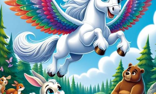 Un cal alb minunat pe nume Răzvan, cu o coamă mătăsoasă și ochi strălucitori ca stelele, se înalță în aer, cu aripile mari colorate desfăcute. Exprimă o bucurie intensă, zâmbind în timp ce zboară deasupra pădurii. Lângă el, un iepuraș pe nume Marta, cu urechi mari și blană moale, sare de bucurie, admirându-l, în timp ce un urs brun pe nume Nico, cu blană groasă și labe robuste, se uită în jos cu surprindere, așezat pe o piatră. Scena se desfășoară într-o poiană însorită, înconjurată de flori colorate și copaci verzi, sub un cer albastru strălucitor cu câteva nori albi. Răzvan descoperă noua sa capacitate de a zbura, înconjurat de prietenii săi animale, toți uimiți de această magie și pregătiți să trăiască o aventură extraordinară împreună.