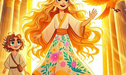 Nefari, a young woman with long golden hair that floats like rays of sunshine, stands bravely at the entrance of the Temple of Light. Her large eyes shine with excitement and determination as she raises a hand to the sky, ready to face the challenge ahead. She wears a colorful dress adorned with floral patterns that dances around her in the wind. Next to her is Zuri, her best friend, a twelve-year-old girl with curly hair and sparkling eyes, looking at Nefari with admiration. She wears a simple tunic and shorts, ready to join her in this adventure, her face reflecting both excitement and slight apprehension. Their guide, Seraphis, a majestic bird with golden shimmering feathers, flies above them, its wings spread, illuminating the temple entrance with its brilliant light. The ancient temple, made of golden stones and adorned with mystical symbols, is bathed in a warm golden light. Sun rays filter through the openings, creating luminous patterns on the fine sandy floor. The main scene shows Nefari and Zuri ready to enter the temple, determined to retrieve the sun crystals while facing the looming shadow inside, symbolizing the challenge they must overcome together.