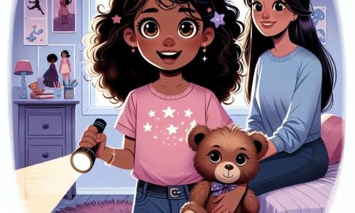 A 12-year-old girl named Lila stands in the center of her room, her eyes shining with excitement and curiosity. She has curly brown hair, a pink t-shirt with stars, and denim shorts. In her arms, she hugs a teddy bear named Mr. Cuddles while pointing a flashlight at the ceiling, casting dancing shadows on the walls. Next to her, her mother, a woman around 35 with long, smooth hair wearing a soft blue sweater, smiles tenderly, sitting on the edge of the bed, looking at Lila with pride and encouragement, ready to help her overcome her fear. The room is decorated in pastel colors, with light purple walls, constellation posters, and a fluffy rug on the floor. A soft light comes from a star-shaped nightlight, creating a warm and comforting atmosphere. The main scene shows Lila gaining confidence, exploring the magic of darkness with her flashlight, transforming her fear into a bright adventure, surrounded by her mother's love and support.