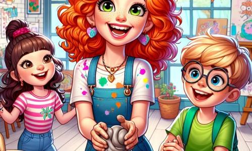A cheerful woman, Miss Mia, with bright orange curly hair and a paint-splattered t-shirt, smiles enthusiastically while molding gray clay. She has sparkling creative eyes and rosy cheeks. Next to her, an 8-year-old girl with brown curls, Sam, dances with a big smile, her hands full of color. Lucas, a 9-year-old boy with a green backpack, observes attentively, holding a piece of clay in his hands, ready to create. Lily, a 7-year-old girl with big glasses and a bright smile, leans over the table, focused on making a small clay flower. The setting is a bright art studio with large windows letting in sunlight, walls covered in colorful paintings, and wooden tables filled with brushes, paint pots, and multicolored papers. The main scene shows Miss Mia and the children shaping clay sculptures together, laughing and sharing ideas, surrounded by a joyful and creative atmosphere where art comes to life under their hands.
