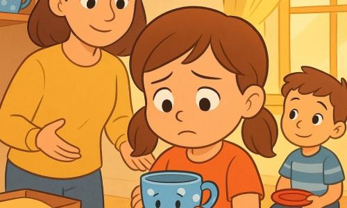 Emma, about 6, brown pigtails, round face and big bright eyes, soft repentant expression, holding a small blue polka-dot cup named Tilly with both hands to her chest; Tilly is an anthropomorphized tiny blue porcelain cup with white polka dots, a fine crack on the handle, drawn eyes and a relieved smile as if listening; Emma’s mother, in her thirties, stands just behind to the left, calm and reassuring with slightly open hands; Sam, a little boy friend in a striped t-shirt, sits slightly back on a play rug holding a toy plate, looking attentive and encouraging; warm, bright kitchen with a light wood table, checkered cloth, golden sunlight through the window, a shelf of cups and a padded box for Tilly on the counter; main scene: Emma quietly apologizing while cradling Tilly, intimate tender moment, calm safe atmosphere, warm colors and soft textures, composition centered on the hands holding the cup.