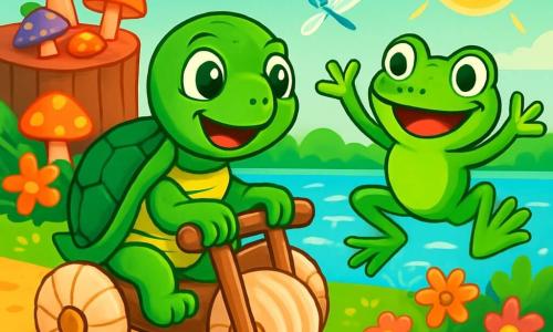 Tito, una tartaruga con un guscio verde smeraldo e grandi occhi brillanti di gioia, si muove con la sua carrozzina fatta di conchiglie e legno, con un ampio sorriso sul volto. Accanto a lui, Lella, una rana dalle squame verde vivo e dagli occhi rotondi, salta di gioia, con le zampe posteriori in aria, incoraggiandolo con entusiasmo. Sullo sfondo, un vecchio tronco coperto di funghi colorati si erge accanto a uno stagno scintillante, circondato da fiori variopinti e libellule danzanti. La scena rappresenta Tito e Lella che si divertono insieme, pronti a esplorare un mondo pieno di colori e avventure, mentre il sole splende sopra, creando un'atmosfera gioiosa e amichevole.