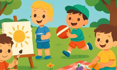 Hay 4 niños: - Martín: un niño de 6 años, con cabello castaño desordenado y una camiseta roja. Está sentado en la hierba, sosteniendo un pincel y una paleta de pintura. - Leo: un niño de 5 años, con cabello rubio y un short azul. Está de pie al lado de Martín, sonriendo y sosteniendo un bote de pintura. - Tomás: un niño de 7 años, con cabello negro y una gorra verde. Está corriendo con una pelota, con una gran sonrisa en el rostro. - Pablo: un niño de 6 años, con cabello castaño y una camiseta amarilla. Está sentado sobre una manta de picnic, preparando frutas. El lugar es un parque soleado, con grandes árboles verdes, flores coloridas y un césped bien cuidado. La situación principal muestra a los niños pintando un gran sol amarillo en un lienzo, rodeados de risas y alegría, mientras Tomás corre con la pelota y Pablo se encarga del picnic.