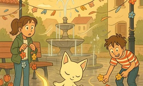 Personagem principal: pequena criatura mágica semelhante a um gatinho luminoso, pelo creme aveludado, cauda fina que difunde brilho amarelo, expressão benigna, dança suave sobre a pedra molhada da praça fazendo o ar ondular. Personagem secundária: Matilde, menina de 12 anos, cabelo castanho preso em rabo, rosto maravilhado, veste casaco verde e jeans, segura uma guirlanda de flores de papel junto a um banco à esquerda. Personagem secundário: Tomás, menino risonho de cabelos desgrenhados e t-shirt às riscas, à direita apanhando flores de papel caídas, postura alegre e um pouco desajeitada. Cenário: pequena praça de aldeia com calçada ainda brilhante da chuva, fonte central, postes e lampiões decorados com guirlandas coloridas, vasos com tulipas e margaridas, painel de cortiça com desenhos de crianças ao fundo. Situação: momento calmo após rajada de vento; as guirlandas flutuam suavemente, a criatura ilumina o ar para pesar os fitilhos e acalmar os movimentos, as crianças sorriem e recolocam as decorações numa atmosfera primaveril com luz dourada do fim de tarde.