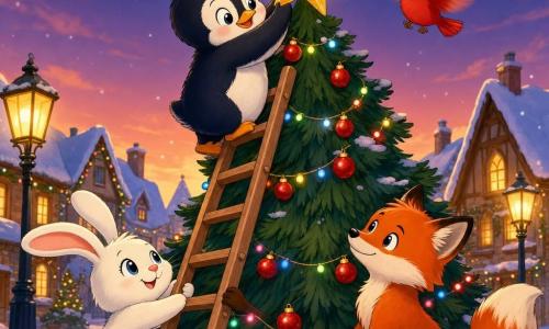 Pingo, um pequeno pinguim redondo e fofo, segura uma estrela dourada e sobe cuidadosamente uma escada de madeira para colocá-la no topo de um grande pinheiro de Natal; Lili, uma lebre branca de orelhas longas, segura a base da escada à esquerda, Rufa, uma raposa ruiva, a estabiliza à direita com ar protetor, e Tico, um filhote de pássaro vermelho, voa alegre acima; a cena passa numa praça nevada ao crepúsculo, com luzes quentes nas casas ao fundo, guirlandas e bolas no pinheiro, atmosfera acolhedora e cores vivas.