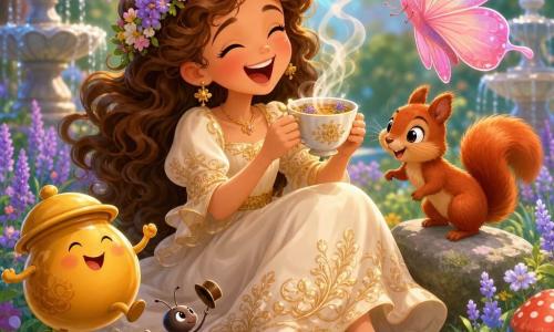 Uma princesa menina alegre e espiã, cabelos castanhos encaracolados com coroa de flores, vestido creme com bordados dourados, sentada na relva rindo e segurando uma xícara de chá fumegante; à sua direita um esquilo chamado Pipoca, pequeno e vivaz de pelagem ruiva, salta numa pedra olhando a xícara; acima dela uma grande borboleta rosa com asas translúcidas iridescentes; perto do pé esquerdo um pote de mel animado em terracota dourada com rostinho sorridente e tampa como chapéu pula no ar, ao lado uma formiga elegante de botinhas vermelhas segurando um pequeno chapéu; o jardim é exuberante com relva texturada, lavandas lilases, flores azuis e amarelas, fontes prateadas e cogumelos vermelhos de bolinhas brancas sob luz suave de fim de tarde; cena de pausa para chá divertida e levemente mágica, vapor em volutas e objetos dançantes centrados na princesa.