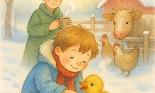 Un băiat de 6 ani, față rotundă și obraji roșii, păr șaten despletit, în cojoc bleu căptușit cu blană sintetică și o eșarfă roșie, îngenunchează în zăpadă mângâind un rățoiel galben-muștar; rățoiul, pufos și ușor umed, se cuibărește lângă mâna băiatului și ciripește vesel. O femeie de circa 30 de ani, cu părul castaniu strâns în coc și purtând un palton verde închis, stă câțiva pași în spate, zâmbitoare, ținând o cană cu ciocolată caldă deasupra căreia se ridică abur. În dreapta, un grup de găini și o vacă blândă privesc scena dintr-un coteț de lemn acoperit de zăpadă; aburii respirației lor se văd în aerul înghețat. Locația: o fermă înzăpezită la primele ore ale dimineții, cer palid, crenguțe de meri acoperite de chiciură, acoperișul hambarului roșu presărat cu zăpadă și urme de pași de copii spre coteț. Momentul principal: o scenă caldă și tandră în care băiatul regăsește și liniștește rățoiul rătăcit într-o pajiște albă, lumină blândă de iarnă și contraste calde de culoare (eșarfă roșie, rățoi galben, hambar roșu) pe un peisaj alb și liniștit.