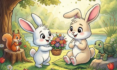 A small white cartoon rabbit with soft fur and drooping pink-lined ears proudly offers a colorful bouquet in a wicker basket to his cream-colored mother, who sits on a large green leaf blanket with a tender, moved expression; a mischievous red squirrel on a stump to the left holds berries and smiles, while an old green turtle reclines on a warm rock to the right watching kindly; the scene is a bright park under a large oak with lush grass dotted with daisies and red tulips, a small shimmering pond and sunbeams filtering through the branches, tender surprise mood, mid-shot composition, vivid ink colors, crisp outlines and visible brush textures.