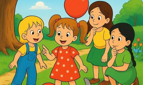 Vier Kinder und eine Katze: Mia (6), hellbraune Zöpfe, rotes gepunktetes Kleid, hält roten Ballon, steht im Vordergrund; Lili (5), kurze blonde Haare, blaue Latzhose, zeigt auf den Stamm einer großen Eiche links; Emma (6), lange braune Haare, gelbes T-Shirt, schaut zum Blumenbeet rechts; Sophie (5), schwarze geflochtene Haare, grüner Rock, denkt mit der Hand am Kinn und steht hinter Mia; Mimi die Katze, weiblich, weiß mit grauen Flecken, grüne Augen, spielt mit dem roten Ballon im Gras vorn rechts. Ort: sonniger Hausgarten mit dichtem grünen Rasen, großer Eiche links mit sichtbaren Wurzeln, buntes Blumenbeet (Tulpen, Kornblumen, Gänseblümchen) rechts, kleiner Erdweg, heller blauer Himmel mit wenigen Wolken. Szene: Die vier kleinen Detektivinnen finden ihren von Mimi versteckten roten Ballon, freudige, neugierige Blicke, lebhafte Gesten, fröhliche Ausdrücke, klare bunte 90er-Cartoon‑Optik mit gesättigten Farben und deutlichen Konturen.