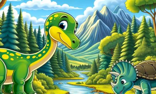 Dippy, un diplodocus de largas patas y cuello elegante, está al borde de un arroyo brillante, con su rostro mostrando determinación y entusiasmo. Su piel es de un verde suave, salpicada de manchas amarillas, y se inclina ligeramente hacia adelante, listo para escuchar el murmullo del agua que fluye. A su lado, Tank, un anquilosaurio robusto con una armadura natural de placas óseas y una cola en forma de maza, observa atentamente el paisaje, su mirada concentrada en el problema a resolver. Es un poco más pequeño que Dippy, pero su presencia es imponente, y se mantiene firme sobre sus patas cortas, listo para ayudar a su amigo. Al fondo, el valle perdido se extiende majestuosamente, con árboles gigantes de hojas exuberantes y montañas rugientes que se alzan en el horizonte, sus cumbres cubiertas de nubes. El cielo es de un azul brillante, salpicado de algunas nubes blancas, y el sol brilla, iluminando la escena con una luz dorada. La situación principal muestra a Dippy y Tank pensando juntos en cómo desbloquear el curso del agua, con destellos de luz en sus ojos, simbolizando su esperanza y amistad, mientras se preparan para salvar su querido valle.