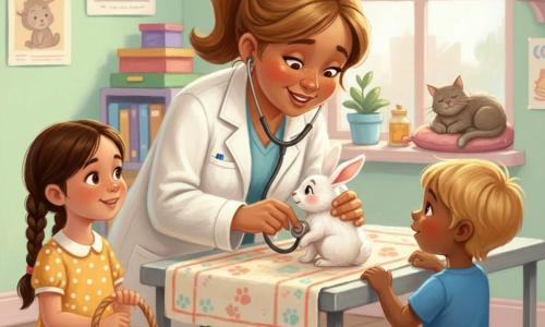A warm, smiling female veterinarian with a round face and light brown ponytail in a white coat gently examines a small white rabbit with a stethoscope while a girl (Sarah, ~8) with brown braids in a yellow polka-dot dress holds the rabbit's basket at left, a curious blond boy (Tommy, ~6) in a blue T‑shirt stands at right with his hands on the exam table, a spotted brown puppy (Max) sits in the foreground wagging its tail and a grey old cat (Whiskers) rests on a cushion in a quiet corner; the bright clinic has mint and pale pink walls, playful animal posters, colorful shelves, a large window with soft light and a patterned towel on the exam table, creating a tender, reassuring scene with soft pastel colors and visible crayon-like textures.
