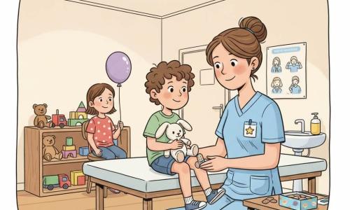 A smiling, compassionate female doctor of about 35 with brown hair in a bun, wearing a pale blue coat and a star badge, is kneeling by an exam table applying a planet-pattern bandage to a little boy’s knee; she has a reassuring, calm expression, rounded face, relaxed brows and gentle hands holding his knee. The boy, about 6, in shorts with a bare knee and curly hair, sits on the table holding a white stuffed rabbit, swinging his legs with a confident, curious look. A 9-year-old girl waits on a chair near the toy corner with a purple balloon and a shy smile. The warm clinic has cream walls, wooden shelves with colorful toys, an open box of multicolored bandages on a small table, a round ceiling light casting soft glow, a digital thermometer on the table, a sink with yellow liquid soap, a simple poster about deep breathing on the wall and a blue striped rug under the table; the scene conveys tender, precise care after a minor scrape in a bright, safe atmosphere.