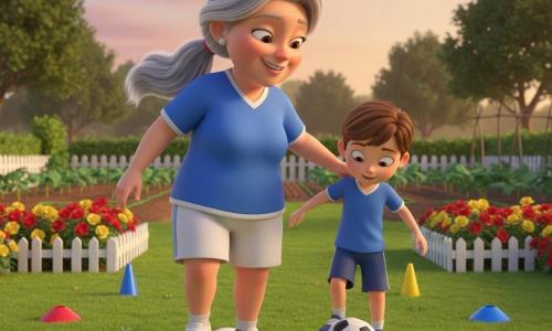 Dona Clara, mulher adulta sorridente de cabelos grisalhos presos em rabo de cavalo, com roupa esportiva (camiseta azul e short branco), mostra um drible com uma bola de futebol enquanto o menino Pedrinho, cerca de 8 anos, cabelos castanhos curtos, a imita tentando controlar a bola; ela toca levemente o ombro dele, posicionada à frente e com olhar benevolente; cenário: jardim ensolarado com pequena cerca branca, flores vermelhas e amarelas, gramado e horta ao fundo, luz suave do fim de tarde e céu alaranjado, uma bola preto e branco ao lado e alguns cones coloridos na relva; atmosfera alegre, pedagógica, cores vivas, estilo fofo e acolhedor para crianças.