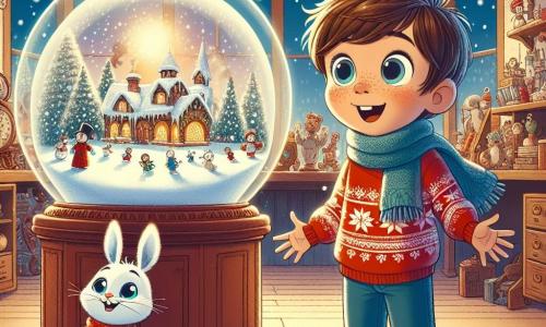A 9-year-old boy named Charlie, with chestnut hair and sparkling curious eyes, stands in front of a huge snow globe, amazed. He wears a red sweater with snowflake patterns and a blue scarf that gently floats in the air. Beside him is a small rabbit named Frosty, with shimmering fur and bright eyes, smiling at him with a friendly expression, ready to share the magic of Christmas. The scene takes place in a fairy-tale attic filled with twinkling lights, vintage toys, and softly falling snowflakes through a skylight. The snow globe in the center shows an animated miniature village, where tiny characters skate on a frozen lake, creating an atmosphere of joy and magic. Charlie, arms wide open and a big smile on his face, admires the enchanted scene while Frosty explains the magic of Christmas, filling the moment with a warm glow.