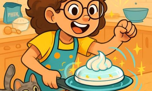 Una ragazza di 12 anni, con capelli castani ricci e occhiali rotondi, sorride con eccitazione e determinazione. Indossa una maglietta gialla brillante e un grembiule a pois, mentre tiene una piccola torta a forma di disco volante, decorata con meringa e zucchero filato. Accanto a lei, il suo gatto grigio, Pasticcio, con occhi verdi scintillanti, osserva la scena con curiosità, pronto a saltare su una briciola di torta. Sullo sfondo, una cucina in disordine, con ingredienti sparsi, tazze di farina e coloranti alimentari, creando un'atmosfera gioiosa e caotica. La scena principale mostra la ragazza che spinge il suo skateboard con la torta, pronta a lanciarla per farla 