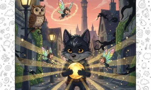 A small anthropomorphic guardian wolf with deep black fur streaked with silver and bright amber eyes holds the Heartstone — a warm yellow-gold pulsing orb — against his chest; three tiny glassy-winged pixies smile and whirl in arcs leaving trails of luminous dust around him, while an ancient brown-speckled owl with golden eyes perches on a wrought-iron lamppost to the left, watching calmly. The scene is Eldermoor at dawn: dew-bright cobblestones, smoked gas lamps, ivy-covered stone buildings and the slender silhouette of the Hollowspire tower against a salmon-and-mauve sky. The Heartstone casts broad yellow beams that drive away curling black shadows from the buildings, creating a triumphant, reborn atmosphere with strong contrasts, small sparks, dew drops and textured stone visible.