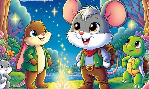 Een kleine avontuurlijke muis met een zachte grijze vacht en grote nieuwsgierige ogen, die verwonderd glimlacht, staat voor een prachtige magische bron die straalt met een heldere licht. Naast hem kijkt een blije konijn met grote oren en een lichtbruine vacht, met een vastberaden blik, enthousiast naar de bron, klaar om te helpen. Een dappere schildpad met een groene schild, die een zelfverzekerde uitdrukking heeft, staat iets verderop en observeert de scène aandachtig. Op de achtergrond strekt zich een betoverd bos uit, met majestueuze bomen met kleurrijke bladeren en fonkelende bloemen, terwijl sterren beginnen te stralen in een schemerige lucht. De hoofdscène toont de kleine muis en zijn vrienden, verenigd in hun zoektocht om een treurig ster te helpen zijn glans terug te vinden, vol hoop en vriendschap.