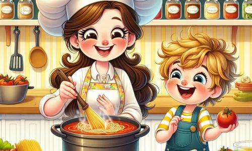 Mia, the chef, is a cheerful woman with long brown hair in a bun. She wears a large white hat and a colorful apron, smiling enthusiastically while holding a spatula, ready to mix tomato sauce in a big pot. Next to her, Timmy, a 7-year-old boy with messy blond hair and sparkling eyes, holds a shiny red tomato, laughing as he looks at Mia while standing on a small stool to help cook. The scene takes place in a warm and inviting kitchen with pastel yellow walls, shelves filled with colorful spice jars, and fresh vegetables on the wooden countertop. A large pot of boiling spaghetti sits on the stove, adding a lively atmosphere. Mia and Timmy enjoy preparing a spaghetti dish together, sharing laughter and joy, while the kitchen is filled with delicious aromas of tomatoes and herbs.