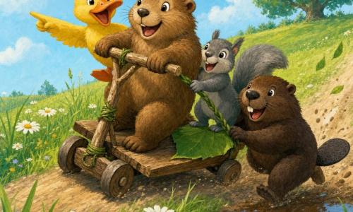 Milo is a joyful marmot with soft brown fur and twitching whiskers holding the handlebars of a handmade wooden scooter; Daisy is a yellow duck with a bright orange beak, wings slightly spread, smiling and guiding from behind; Benny is a stocky dark-brown beaver with visible teeth pushing the scooter and using a large green leaf as a seat; Zoe is a gray squirrel with bright eyes holding a braided vine to steady the scooter and standing on the platform; the setting is a sunny meadow with green grass, white daisies, a dirt path, a muddy puddle and a tree on the horizon under a pale blue sky; the scooter rolls down a gentle hill, the friends laugh as light dust and leaves fly; colorful acrylic painting style with soft strokes and rounded outlines, warm playful mood for toddlers.