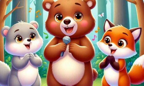 Un giovane orso dal pelo marrone e morbido, con grandi occhi scintillanti di curiosità, si trova al centro della scena, sorridendo entusiasta mentre canta gioiosamente. Accanto a lui, un orso dal pelo chiaro, con occhi brillanti e un sorriso caloroso, lo incoraggia battendo le mani, esprimendo una gioia contagiosa. Una piccola volpe dal pelo rosso, con un'espressione di eccitazione sul volto, danza intorno a loro, aggiungendo un tocco di dinamismo. La scena si svolge in una foresta incantata, dove grandi alberi con tronchi spessi e foglie verdi creano un'atmosfera accogliente. Fiori colorati punteggiano il terreno, e un dolce raggio di sole filtra tra i rami, illuminando il gruppo di amici. I personaggi si sono riuniti per una grande festa della musica, celebrando la loro amicizia e tolleranza, mentre altri animali della foresta si radunano attorno a loro, pronti ad ascoltare e partecipare a questa bella armonia.