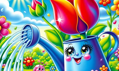 Pippa, die kleine lächelnde Gießkanne, steht im Mittelpunkt des Bildes, mit ihren langen, gebogenen Armen, die Wasser auf die bunten Blumen spritzen, die um sie herum blühen. Ihre Augen funkeln vor Freude, während sie begeistert die Pflanzen gießt. Rechts von ihr steht Blume, die rote Tulpe, stolz mit ihren glänzenden Blütenblättern, die sich zur Sonne öffnen, und zeigt einen fröhlichen und einladenden Ausdruck. Links taucht Herr Wurm, ein kleiner Regenwurm, aus der Erde auf, sein Körper wogt und lächelt, bereit, den Boden vorzubereiten. Der Garten ist ein wahres Frühlingsbild mit leuchtenden Blumen, blühenden Bäumen und einem klaren blauen Himmel, der mit flauschigen weißen Wolken übersät ist. Die Szene zeigt Pippa und ihre Freunde, die zusammenarbeiten, voller Energie und Glück in einem üppigen und lebendigen Garten, ein Symbol für die Schönheit des Frühlings.