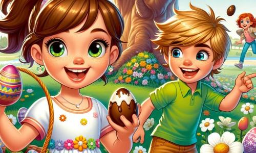 Daisy, a 12-year-old girl, is at the center of the image with brown hair in a ponytail and sparkling eyes full of curiosity. She wears a colorful flower-patterned dress and holds a shiny Easter egg in her hands, a big smile lighting up her face, showing her excitement for the adventure she just experienced. Next to her, Max, her 8-year-old little brother, has messy blonde hair and wears a bright green t-shirt. He jumps for joy with his arms raised, chocolate smudges on his face, expressing his contagious enthusiasm. In the background, their friends are visible: Lily, an 11-year-old girl with red hair and glasses, holding a basket full of colorful eggs, and Ben, a 10-year-old boy with brown hair and a mischievous smile, pointing at a majestic tree. The setting is a blooming garden filled with colorful tulips and wildflowers, with a large oak tree at the center, its extended branches providing shade. The sun shines, creating a joyful spring atmosphere. The main scene shows Daisy and Max discovering an Easter egg hidden behind a bush, surrounded by their smiling friends, all ready to embark on an adventure to find the Easter treasure.