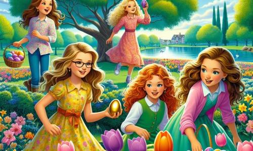 In the foreground, four twelve-year-old girls stand together, smiling and full of enthusiasm. Lily, with long brown hair and glasses, wears a yellow floral dress and holds a sparkling golden egg in her hands. To her right, Mia, a girl with curly blonde hair, is dressed in a pink tunic and gazes in wonder at a purple egg she just found. On the left, Zoe, with her red hair tied in a ponytail, wears a green t-shirt and crouches to inspect an orange egg hidden under a flower. Finally, Emma, a girl with smooth brown hair dressed in a blue dress, leans down to pick up a shiny blue egg, with a big smile on her face. In the background, Willow Creek Park is filled with colorful flowers, with tulips and daffodils gently swaying in the breeze. A majestic oak stands next to a small pond where ducks swim peacefully. The sky is bright blue, dotted with a few fluffy white clouds. The main scene shows the girls in the midst of an Easter egg hunt, discovering eggs hidden in the flowers and under the trees, with laughter and expressions of joy on their faces, capturing the spirit of adventure and camaraderie of this magical day.