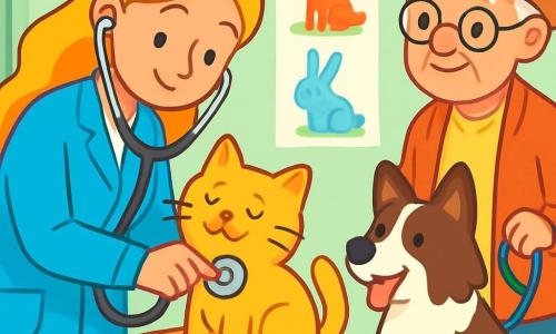 A female veterinarian, Dr. Emma, with long golden hair and a warm smile, wears a bright blue coat. She is gently leaning over a fluffy yellow cat, Daisy, who is happily purring on the examination table. Beside her, an elderly man, Mr. Tom, with round glasses and a straw hat, observes kindly, holding a leashed brown and white shepherd dog, Max, who is wagging his tail enthusiastically. The setting is a bright animal clinic filled with colorful pet toys, pastel green walls, and posters of various animal species. The main scene shows Dr. Emma checking Daisy's heart with a stethoscope, while Max patiently waits beside her, ready for his own examination.