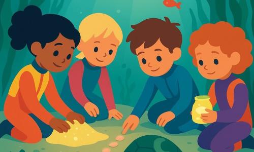 There are four children: Aya, a 5-year-old girl with black, curly hair tied in a ponytail, holding a bright sand map on the left side of the image. Lila, also 5, has short blonde hair and stands next to Aya on the right, gently touching the map. Milo, a 5-year-old boy with tousled brown hair, sits next to Lila, counting the fish around him. Noor, a 5-year-old girl with red, curly hair, holds a small jar of light, illuminating the scene next to Milo. They are all wearing colorful diving suits in an underwater kelp forest. Long green seaweeds gently sway around them, creating a natural curtain effect. Multicolored fish swim around, adding touches of red, blue, and yellow to the image. The main scene shows the children helping a small sea turtle stuck on a sand ledge. The turtle has a moon-shaped mark on its shell and looks at the children with curious eyes. The children, focused and determined, are building a path of shells to help the turtle climb up. The water is clear and bright, with sunlight filtering through the surface, illuminating the scene with a golden glow.